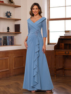 V Neck Three Quarter Sleeve Floor Length Mother Of Bride Dress Ruffles Appliques