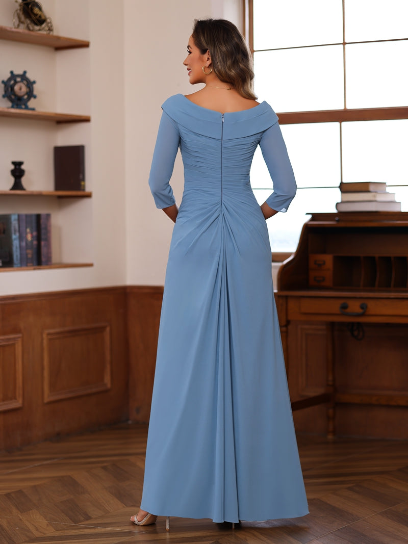 V Neck Three Quarter Sleeve Floor Length Mother Of Bride Dress Ruffles Appliques