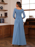 V Neck Three Quarter Sleeve Floor Length Mother Of Bride Dress Ruffles Appliques
