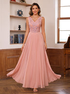 Floor Length Princess V Neck Mother Of The Bride Dress With Appliques Wrap