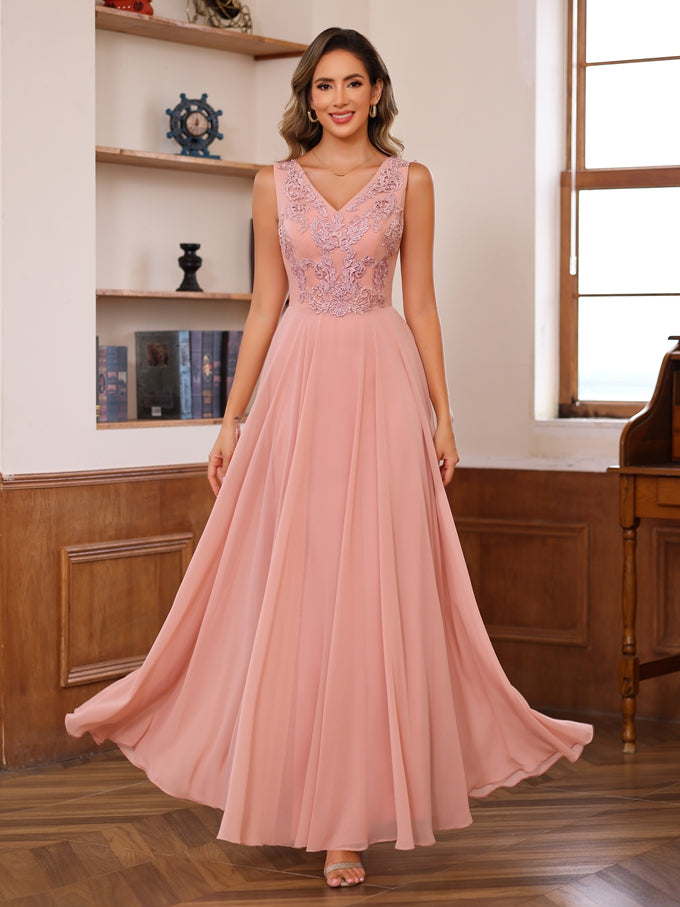 Floor Length Princess V Neck Mother Of The Bride Dress With Appliques Wrap