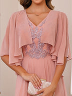 Floor Length Princess V Neck Mother Of The Bride Dress With Appliques Wrap