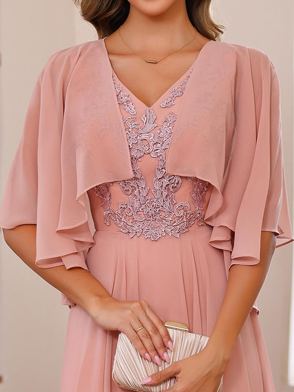 Floor Length Princess V Neck Mother Of The Bride Dress With Appliques Wrap