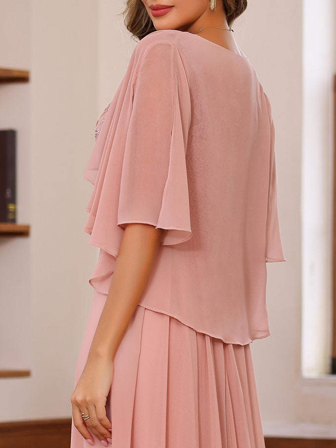 Floor Length Princess V Neck Mother Of The Bride Dress With Appliques Wrap