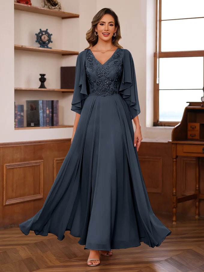 Floor Length Princess V Neck Mother Of The Bride Dress With Appliques Wrap