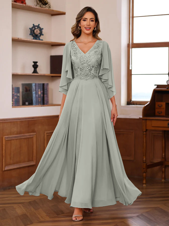 Floor Length Princess V Neck Mother Of The Bride Dress With Appliques Wrap