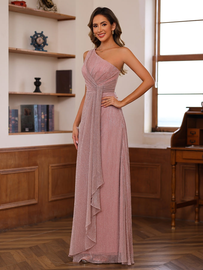 One Shoulder Ruffled Floor Length A Line Mother Of The Bride Dress