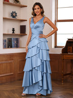 V Neck Sleeveless A Line Mother Of The Bride Dress With Ruffles Wrap