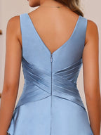 V Neck Sleeveless A Line Mother Of The Bride Dress With Ruffles Wrap