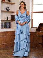 V Neck Sleeveless A Line Mother Of The Bride Dress With Ruffles Wrap