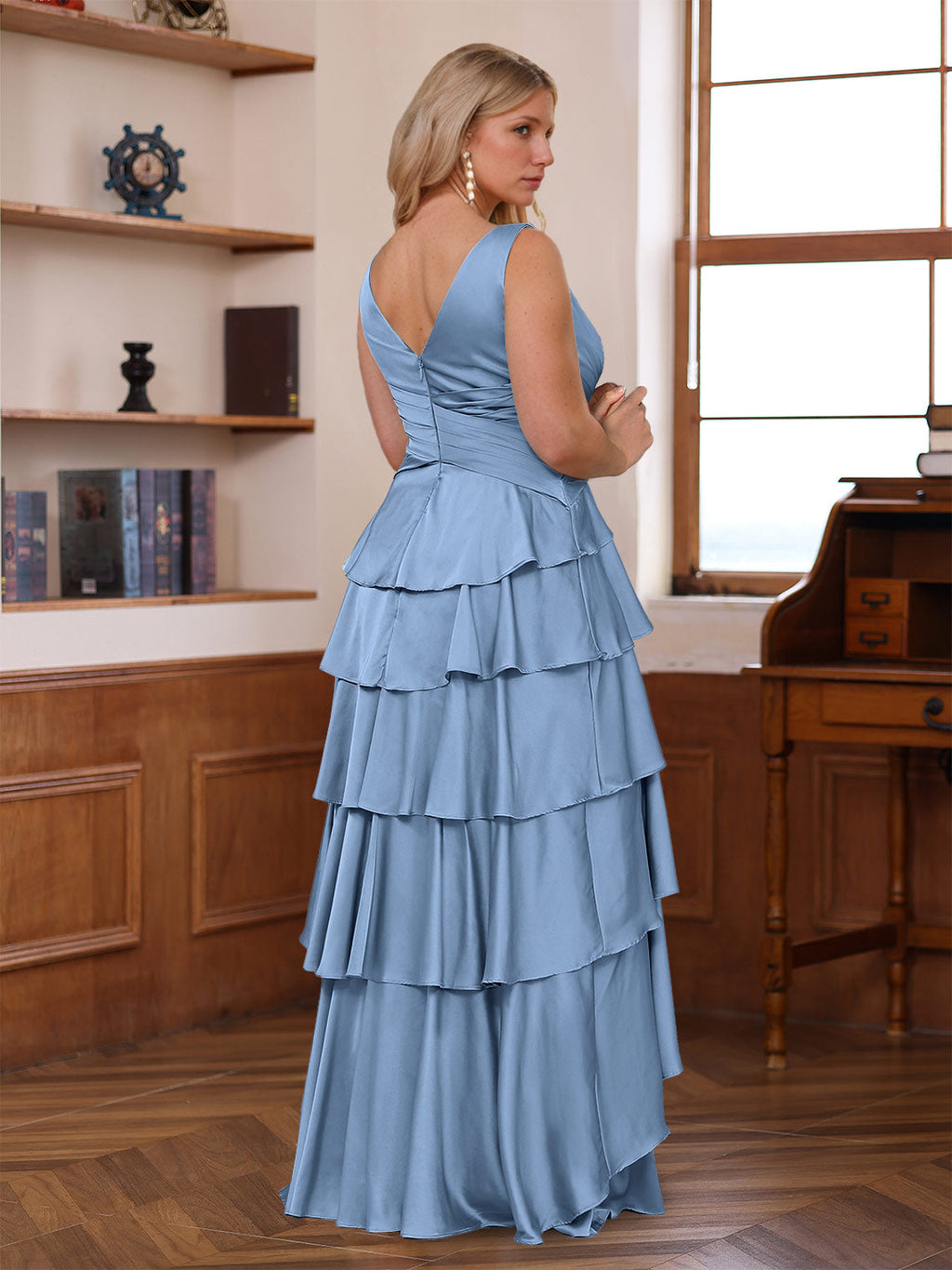 V Neck Sleeveless A Line Mother Of The Bride Dress With Ruffles Wrap