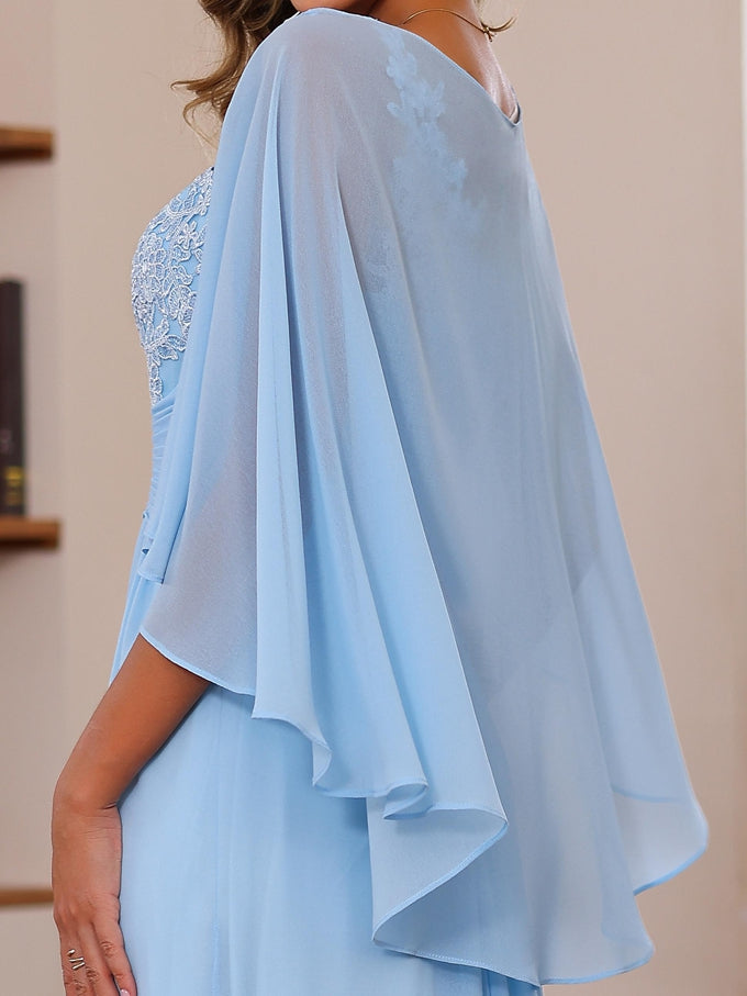 Plus Size V Neck A Line Mother Of Bride Dress With Appliques Ruffles Wrap