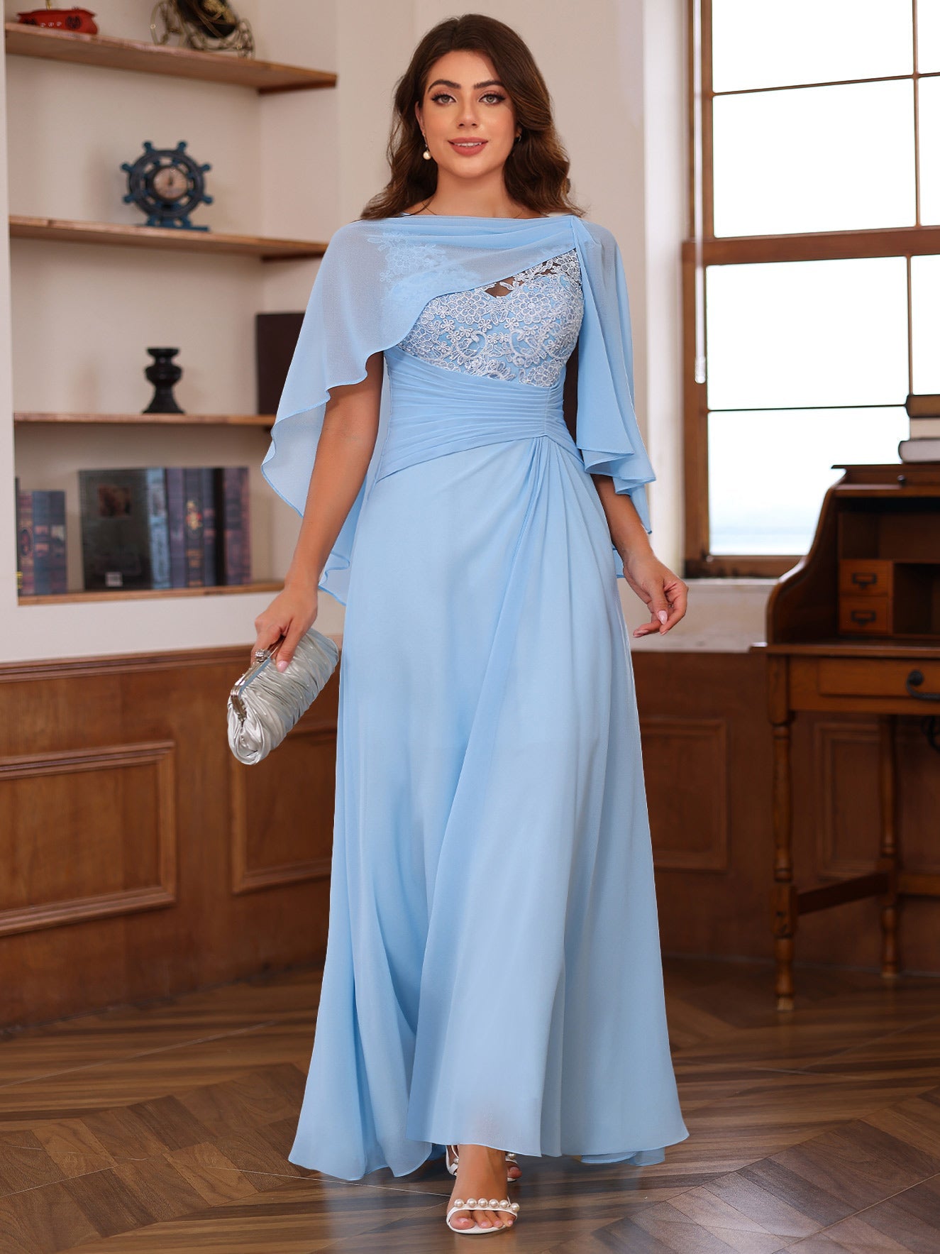 Plus Size V Neck A Line Mother Of Bride Dress With Appliques Ruffles Wrap