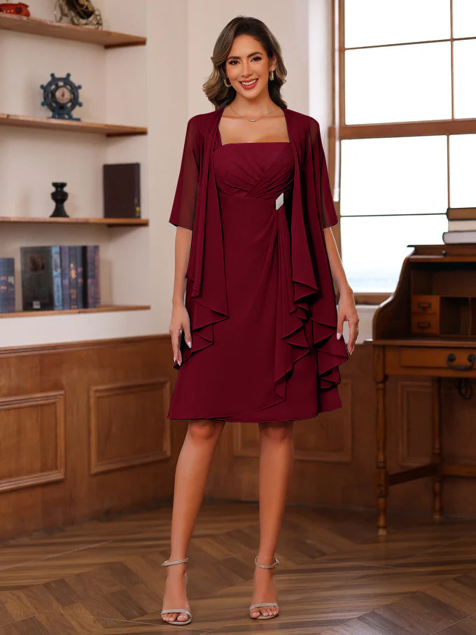 Knee Length A Line Mother Of The Bride Dress With Square Neck And Ruffles