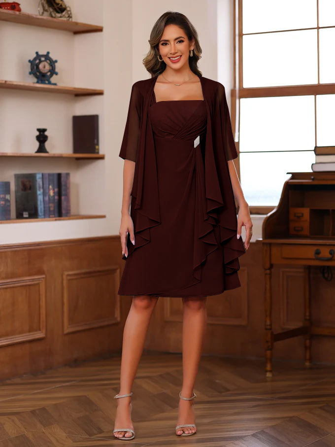 Knee Length A Line Mother Of The Bride Dress With Square Neck And Ruffles