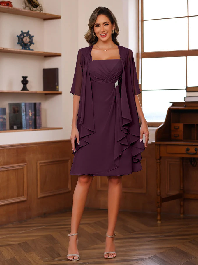 Knee Length A Line Mother Of The Bride Dress With Square Neck And Ruffles