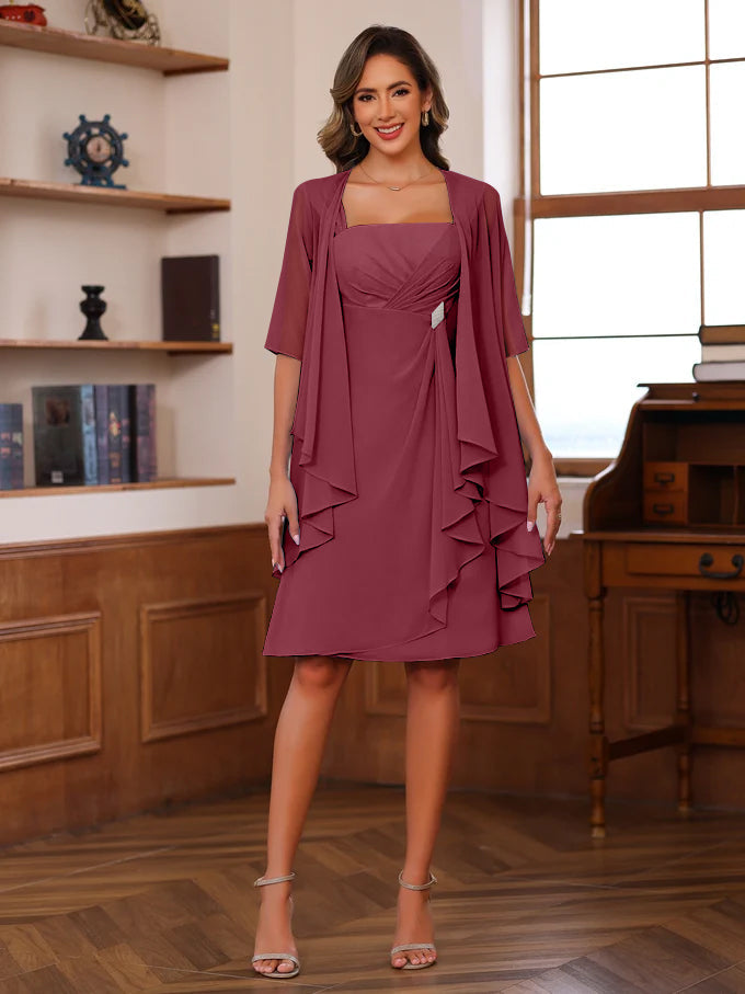 Knee Length A Line Mother Of The Bride Dress With Square Neck And Ruffles