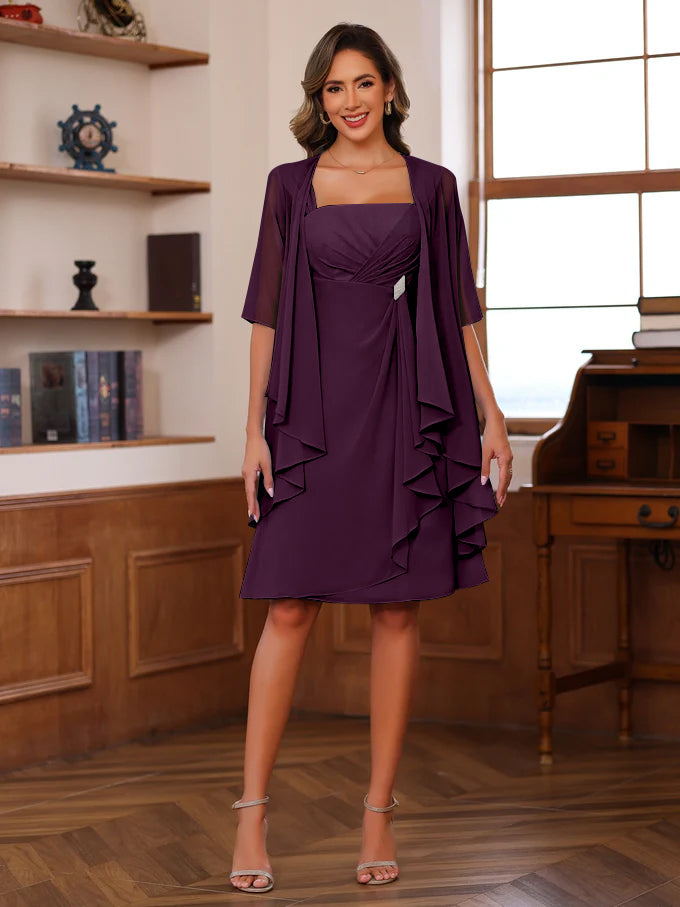 Knee Length A Line Mother Of The Bride Dress With Square Neck And Ruffles