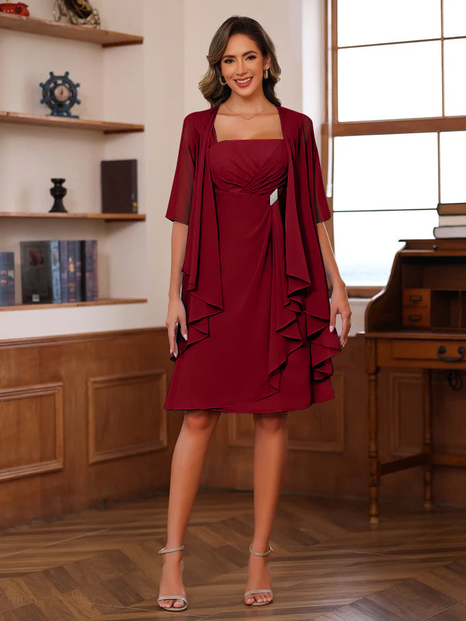 Knee Length A Line Mother Of The Bride Dress With Square Neck And Ruffles