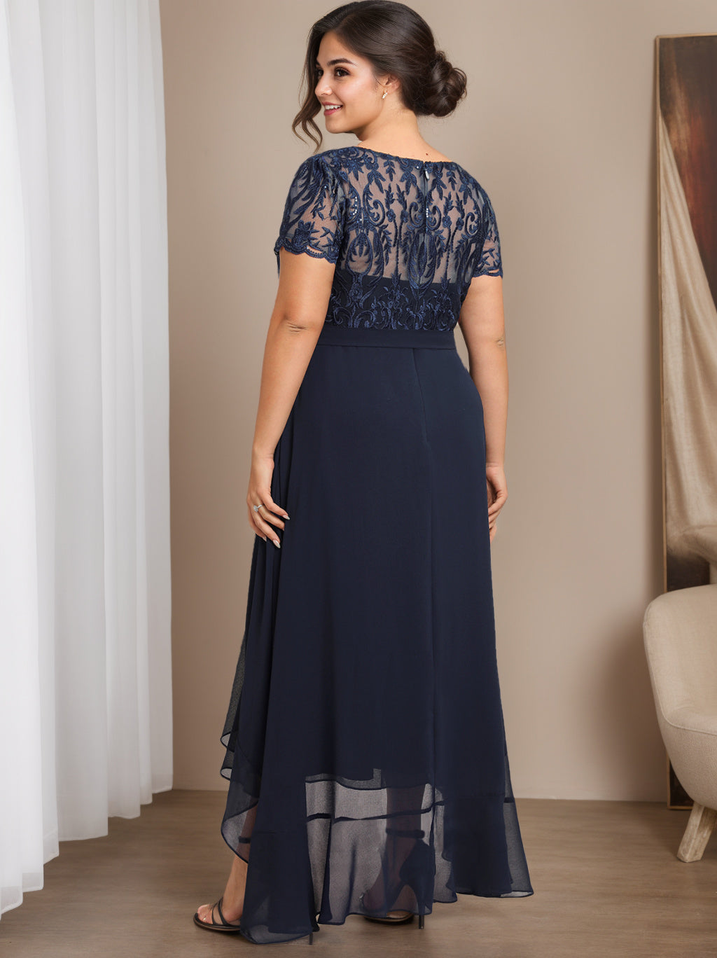 Plus Size Mother Of The Bride A Line Dress Scoop Neck Short Sleeves Bow Ruffles
