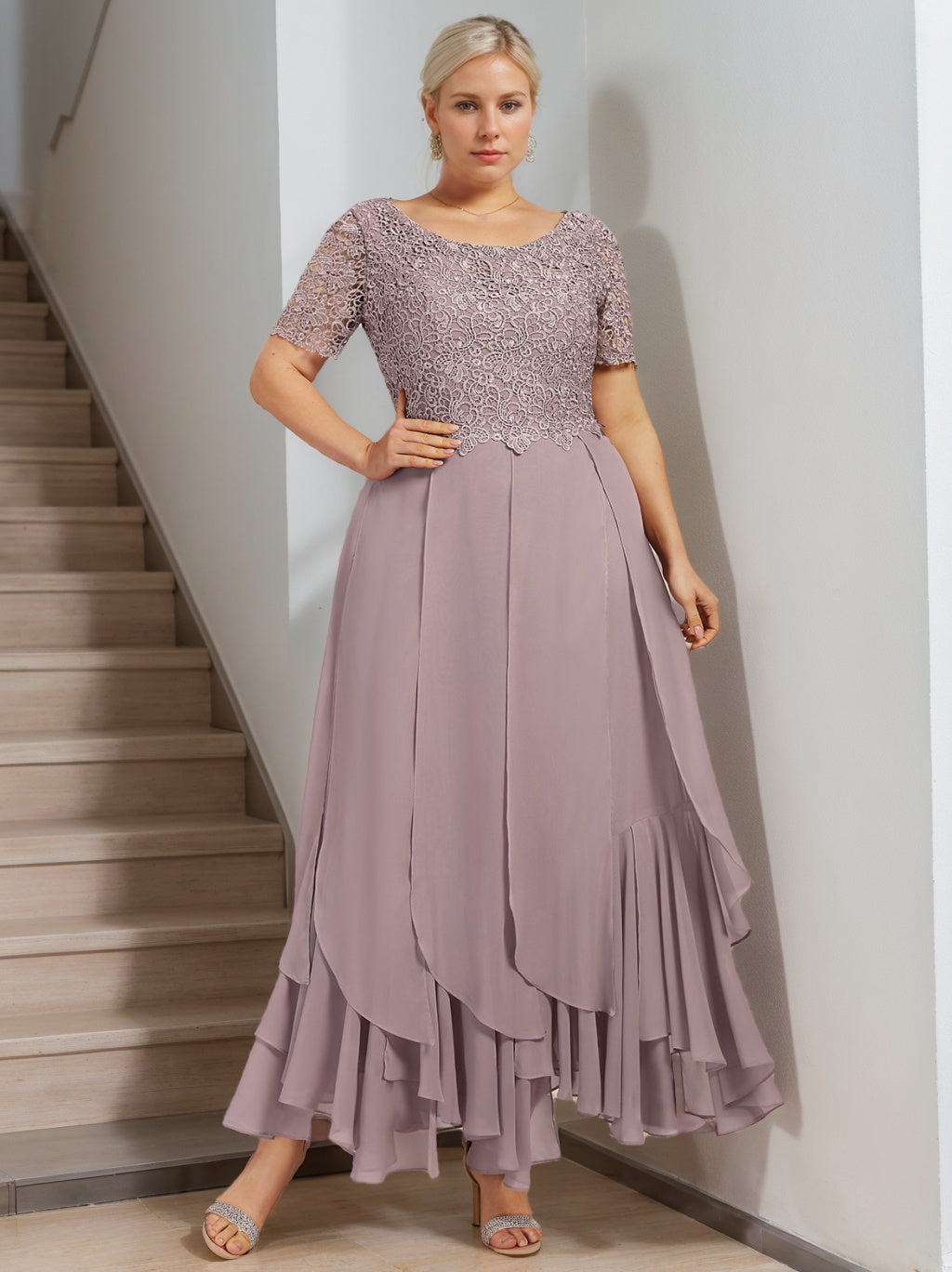 Plus Size Mother Of The Bride A Line Dress With Cascading Ruffles Ankle Length
