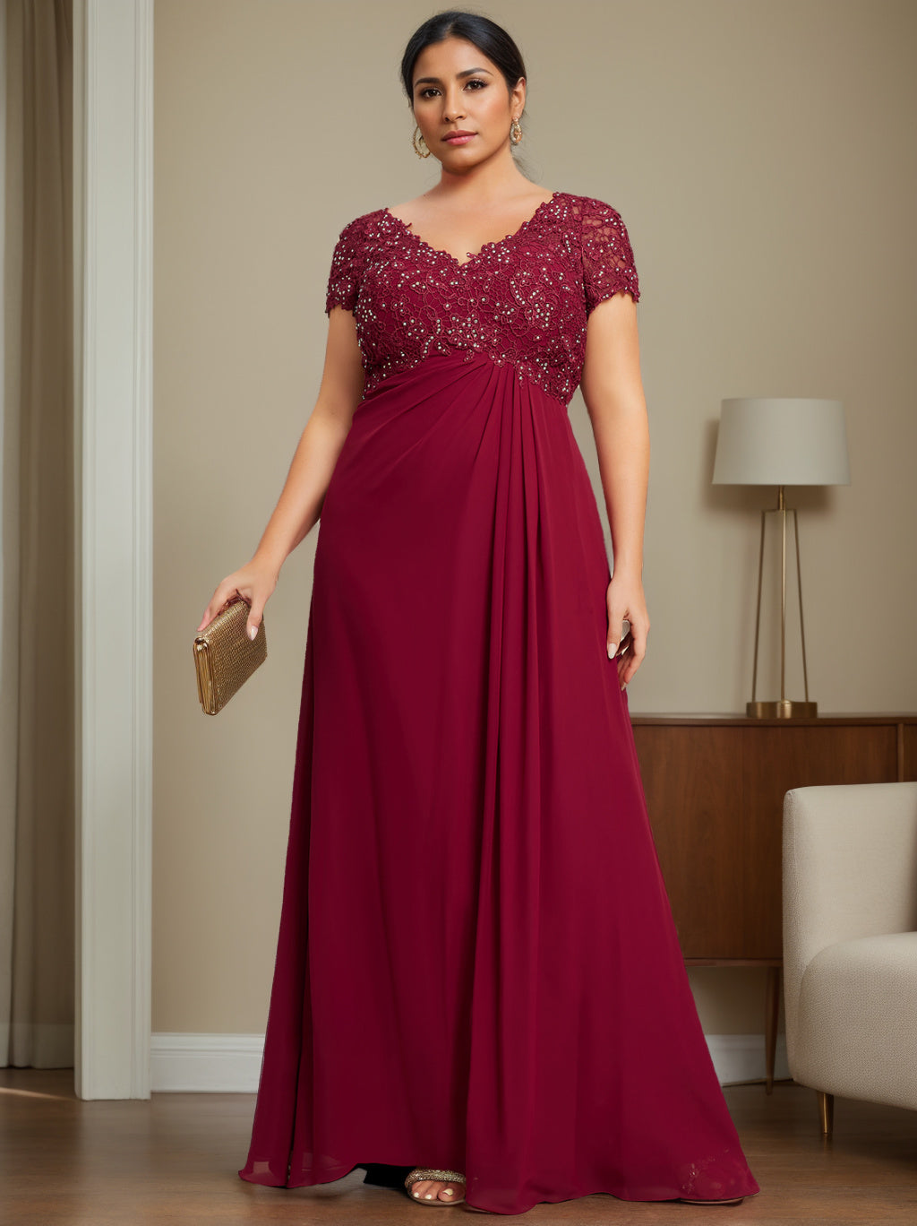 Plus Size V Neck A Line Mother Of The Bride Dress With Rhinestones And Pleats