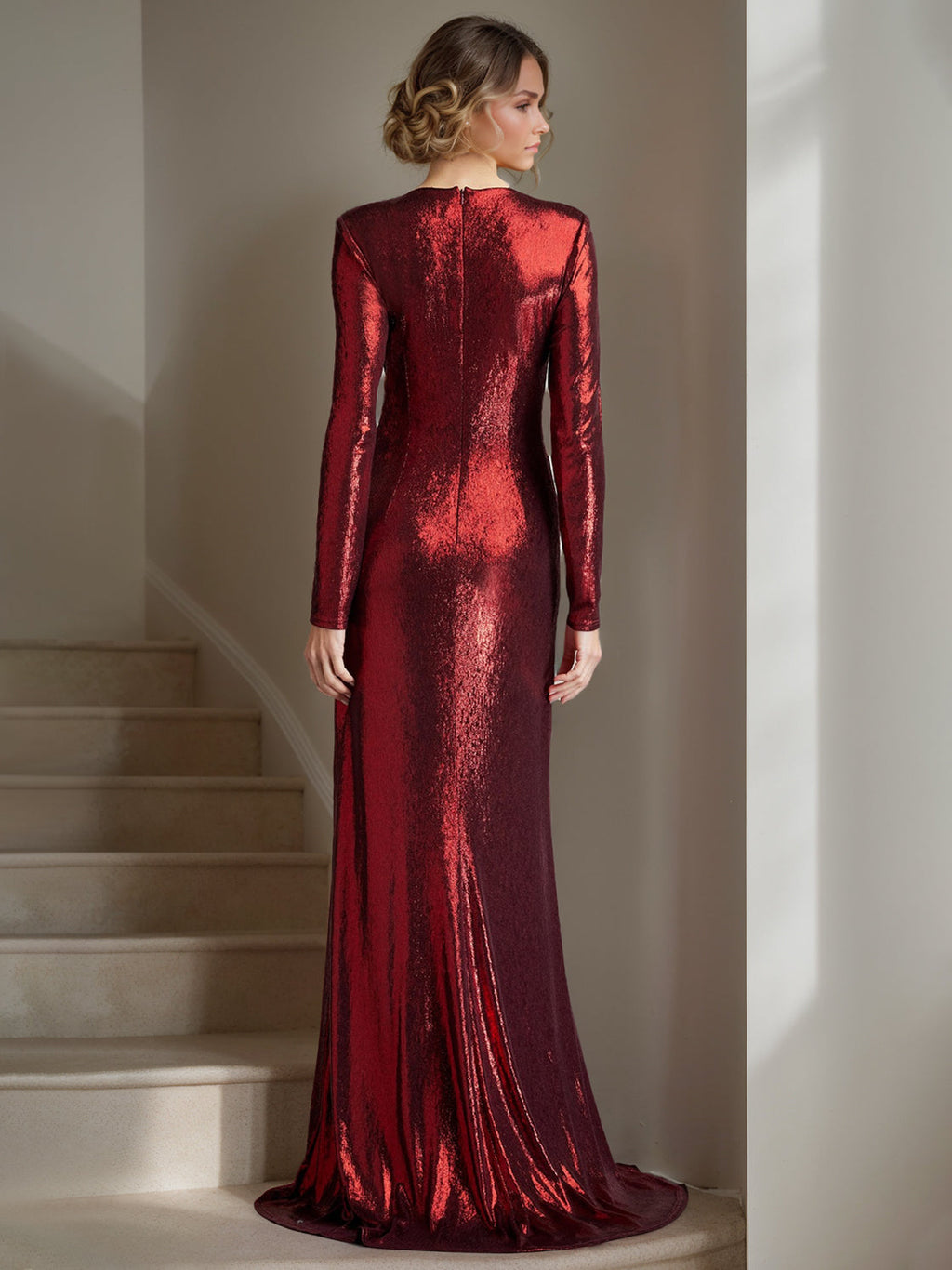 Mother Of The Bride Floor Length V Neck Crisscross Pleated Sleeves Sheath Gown