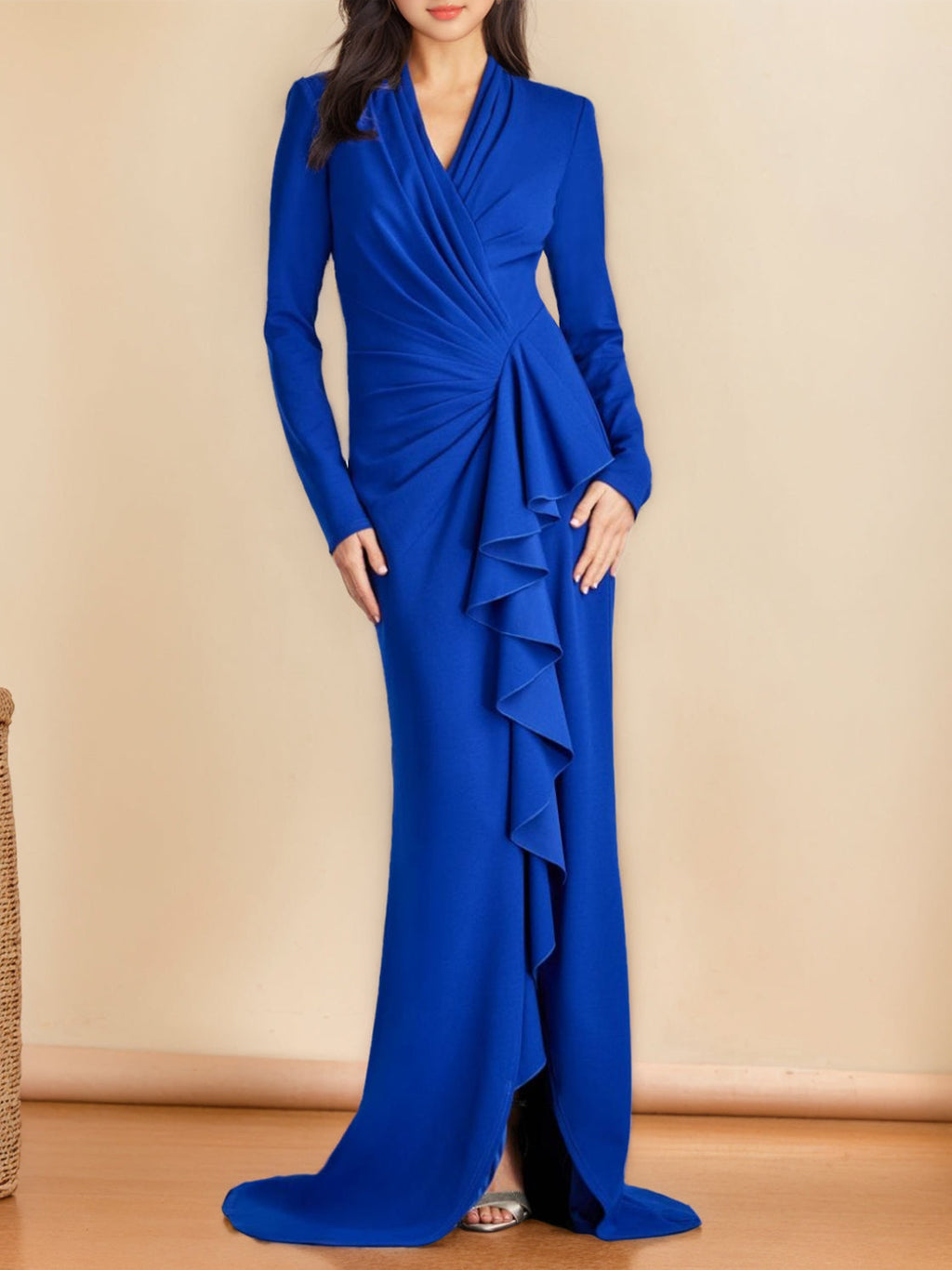 Floor Length V Neck Trumpet Mermaid Silhouette Dress Mother of the Bride Slit