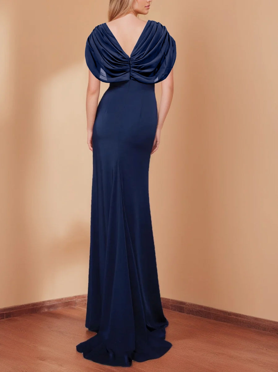 V Neck Short Sleeve Floor Length Mermaid Dress For Mob Ruffles Sequins