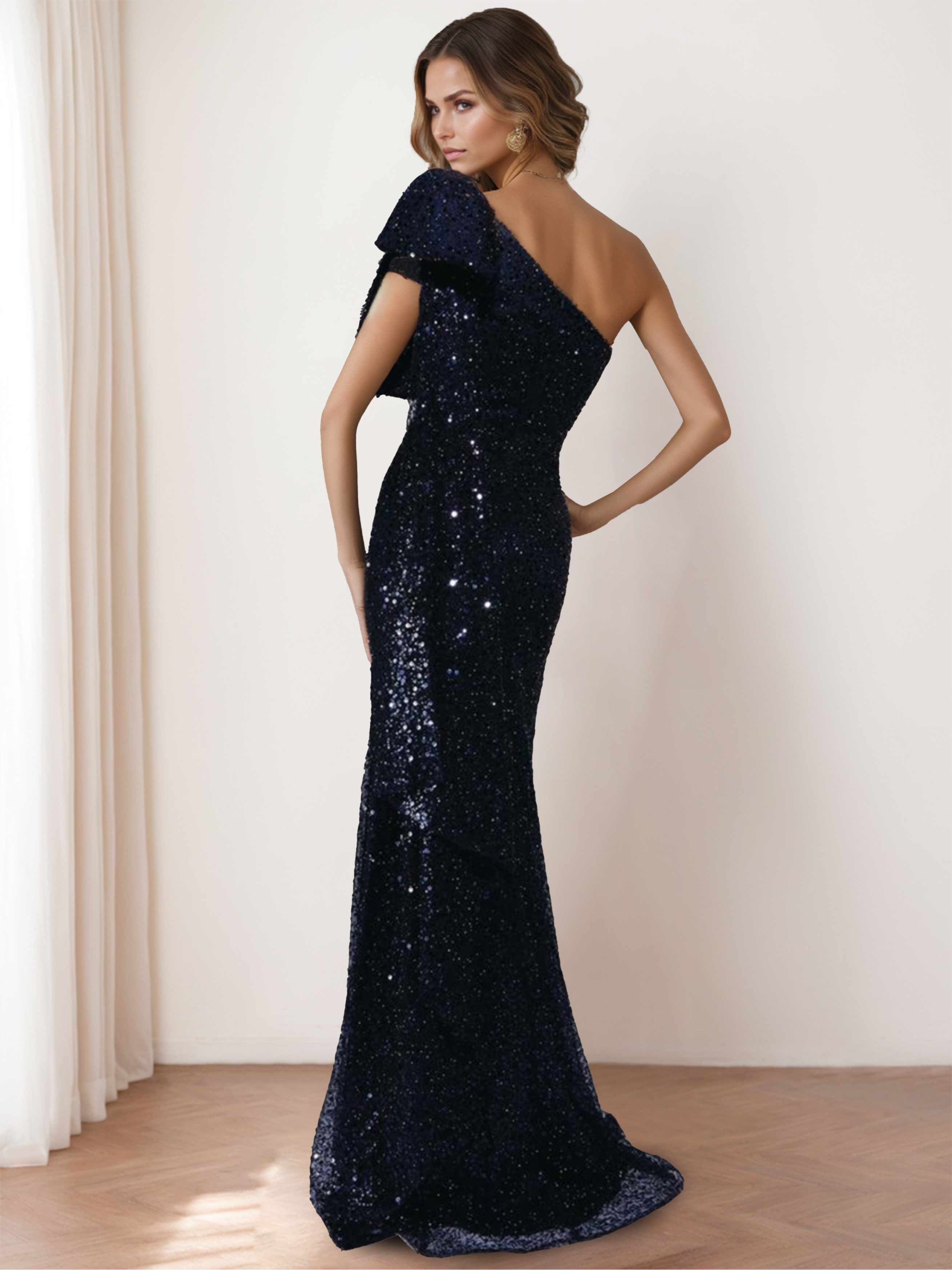 One Shoulder Mermaid Dress for Mother of the Bride with Bow and Side Ruffle