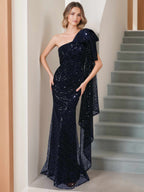 One Shoulder Mermaid Dress for Mother of the Bride with Bow and Side Ruffle