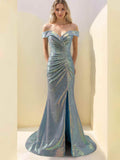 Off Shoulder Sleeveless Mermaid Trumpet Gown Sequins Ruffles Side Split
