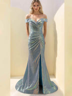 Off Shoulder Sleeveless Mermaid Trumpet Gown Sequins Ruffles Side Split