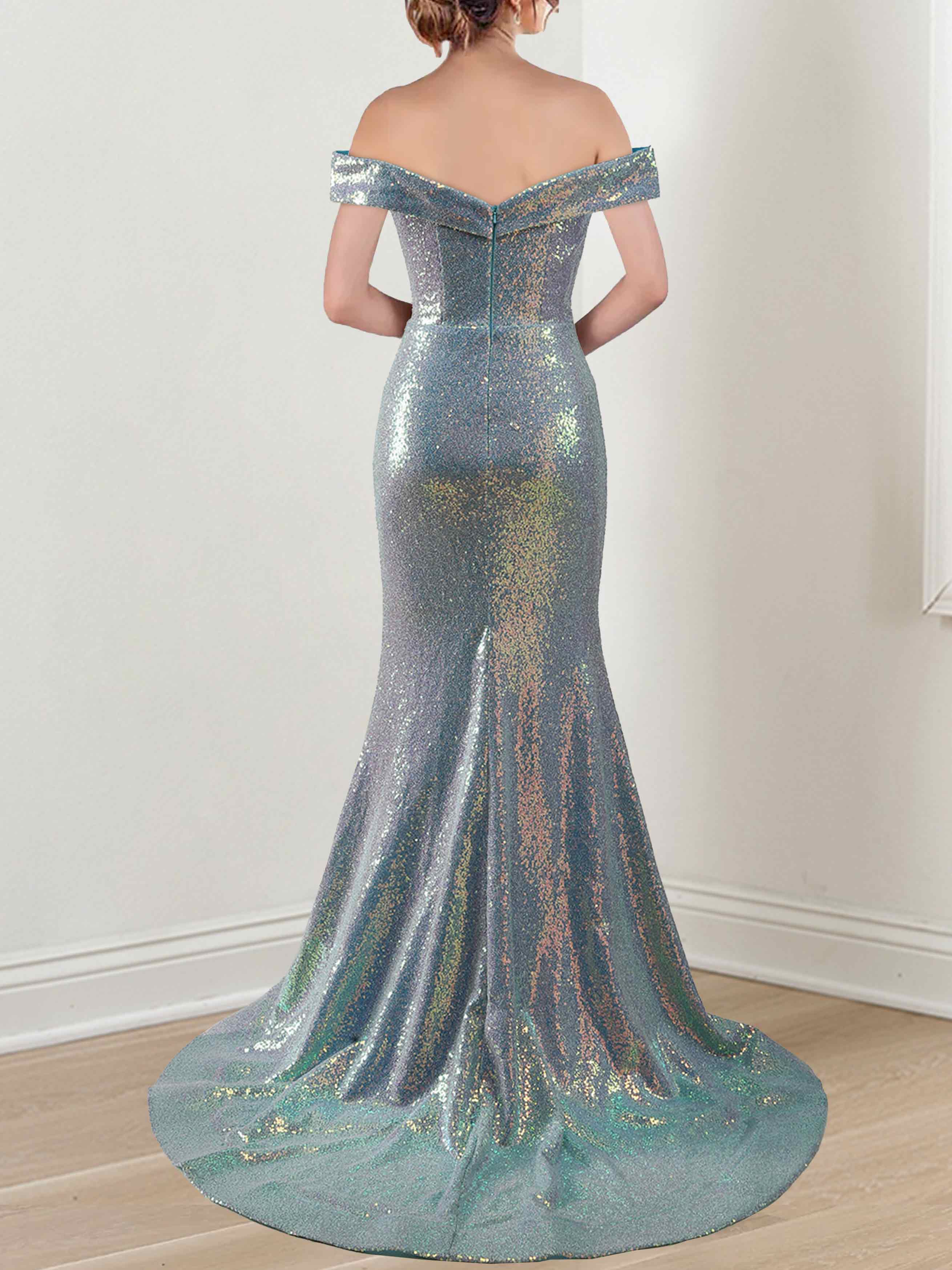 Off Shoulder Sleeveless Mermaid Trumpet Gown Sequins Ruffles Side Split