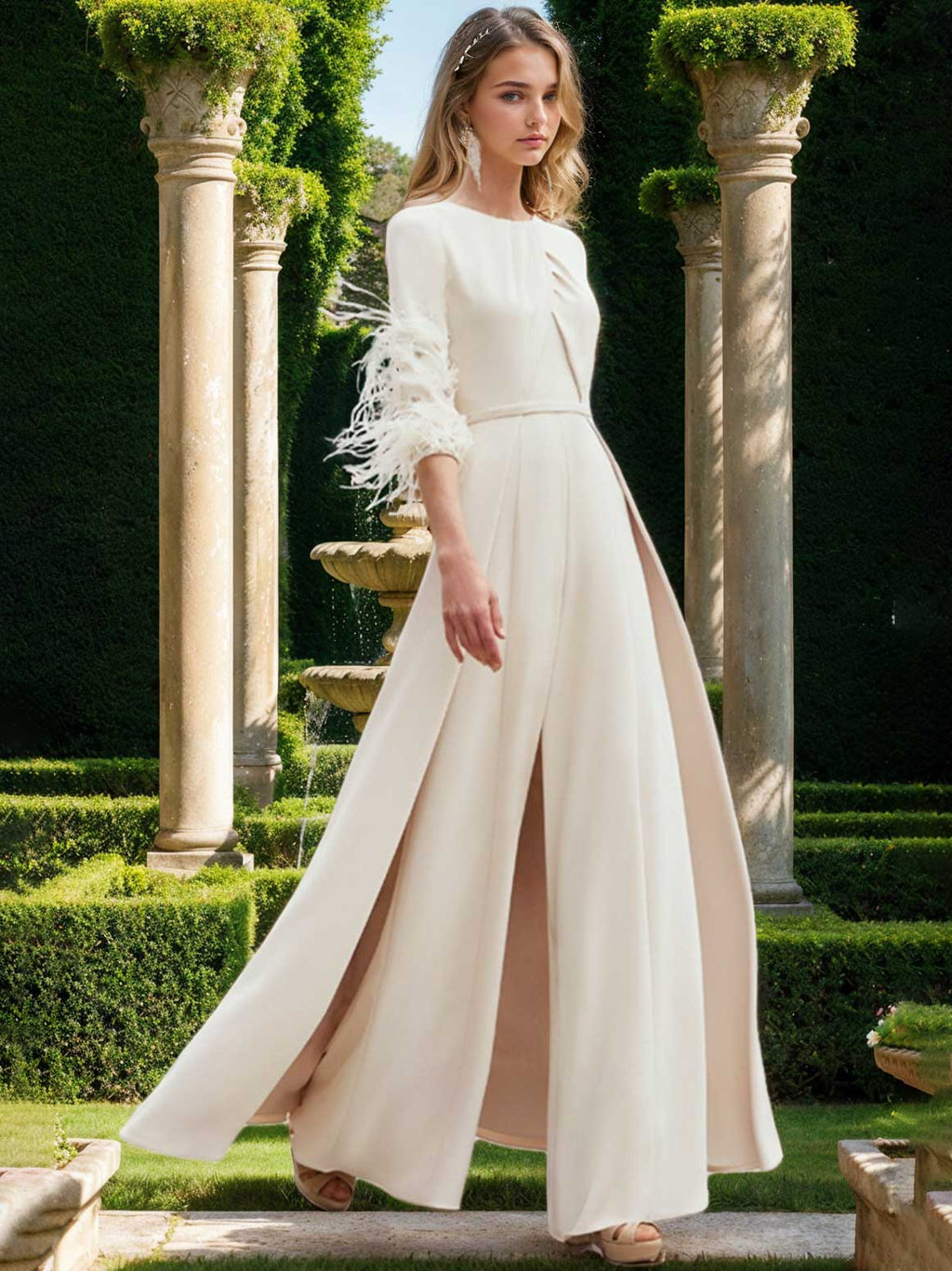 Feather Adorned Mother Of The Bride Pantsuit With Jewel Neck And Half Sleeves