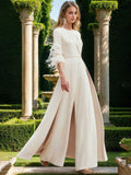 Feather Adorned Mother Of The Bride Pantsuit With Jewel Neck And Half Sleeves