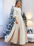 Feather Adorned Mother Of The Bride Pantsuit With Jewel Neck And Half Sleeves