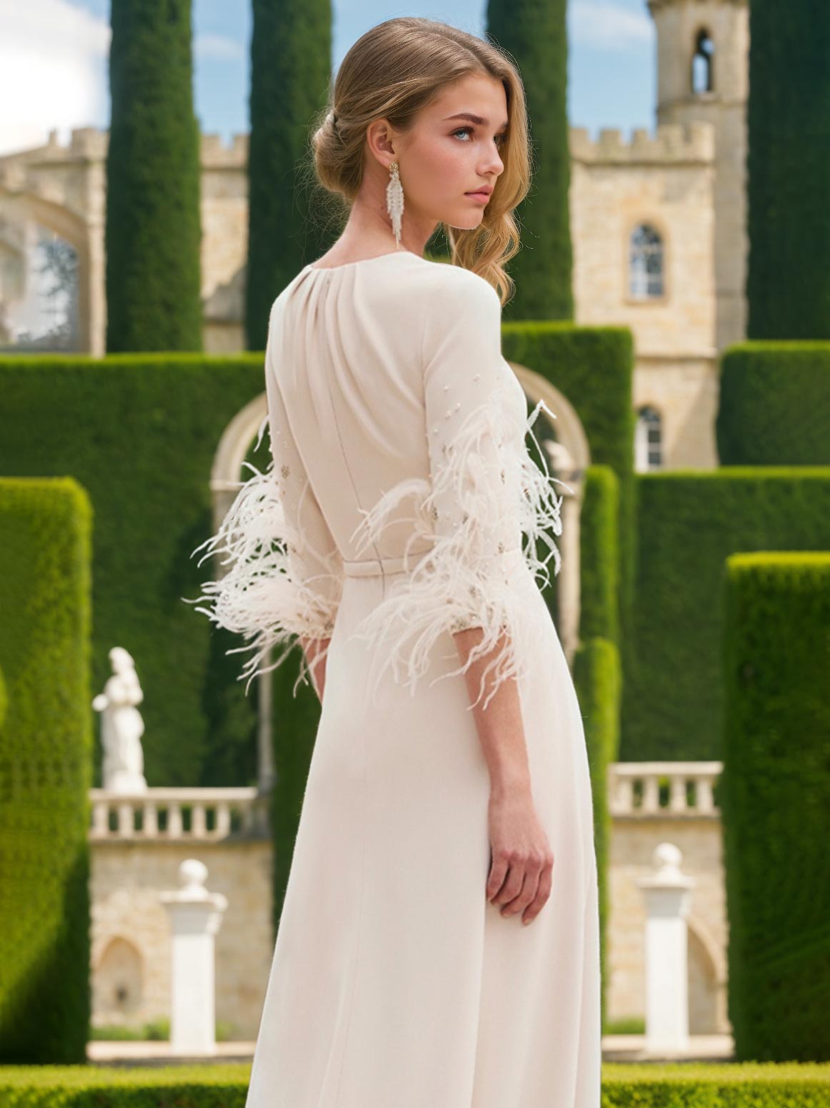 Feather Adorned Mother Of The Bride Pantsuit With Jewel Neck And Half Sleeves