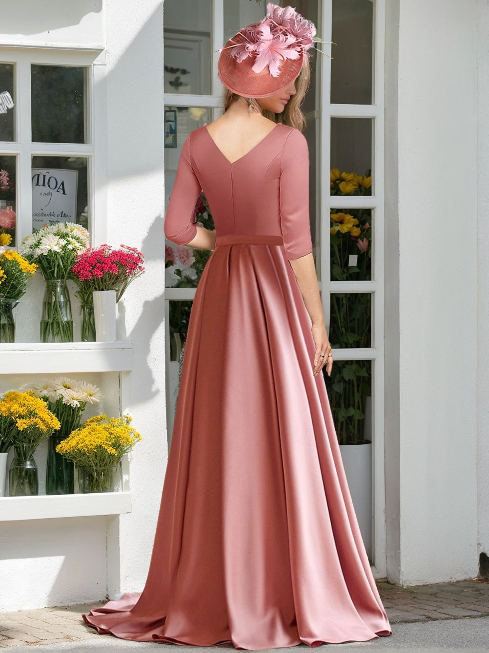 Princess V Neck Floor Length Mother Of The Bride Dress Sleeves Pleats Ruching