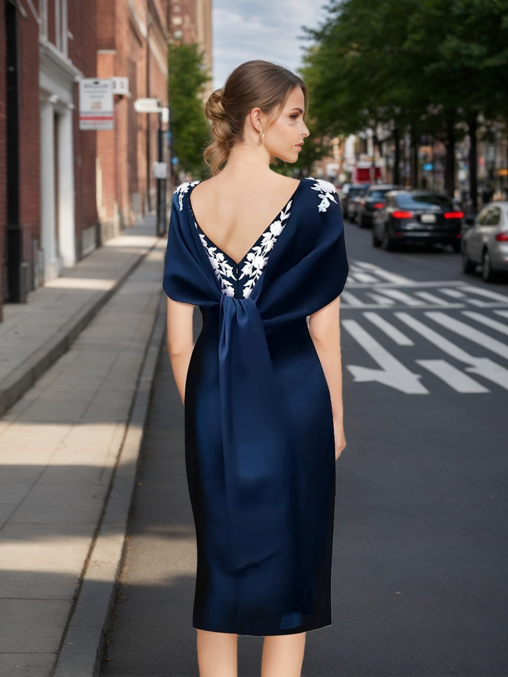 Off The Shoulder Tea Length Mother Of The Bride Dress With Embroidered Appliques