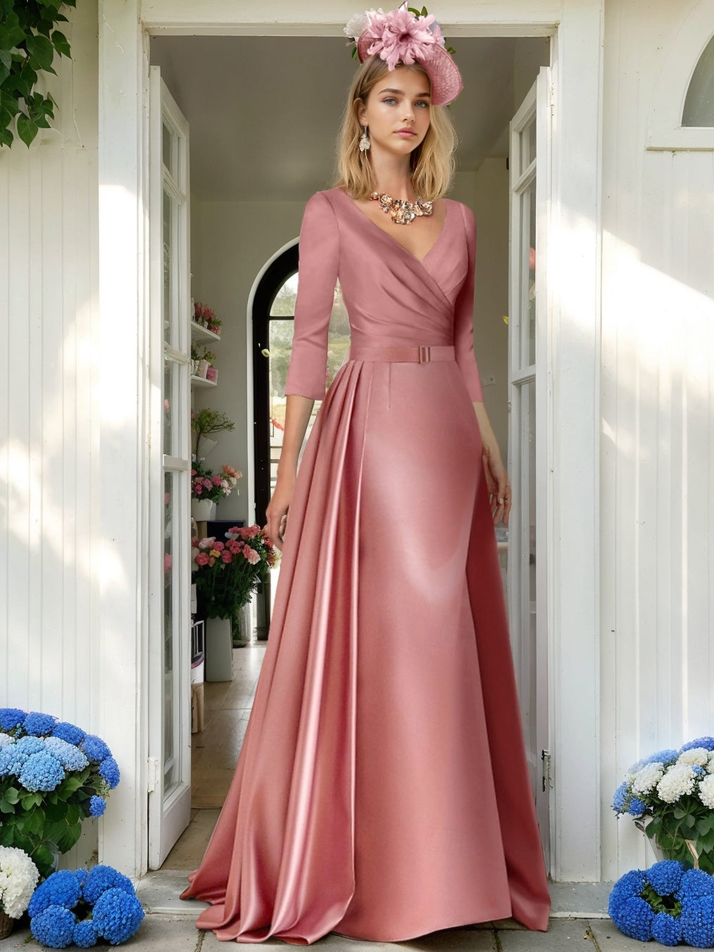 Princess V Neck Floor Length Mother Of The Bride Dress Sleeves Pleats Ruching