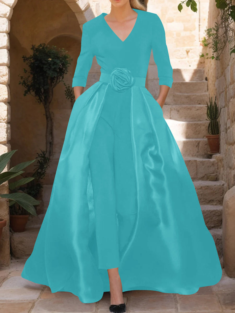Mother of the Bride Pantsuit V Neck with Three Quarter Sleeves and Floral Belt