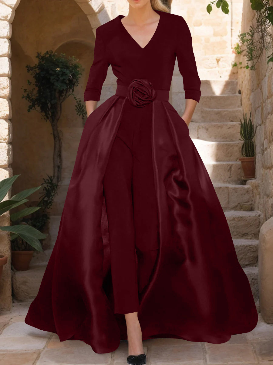 Mother of the Bride Pantsuit V Neck with Three Quarter Sleeves and Floral Belt