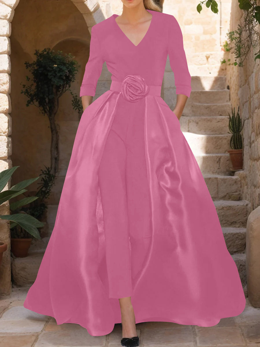 Mother of the Bride Pantsuit V Neck with Three Quarter Sleeves and Floral Belt