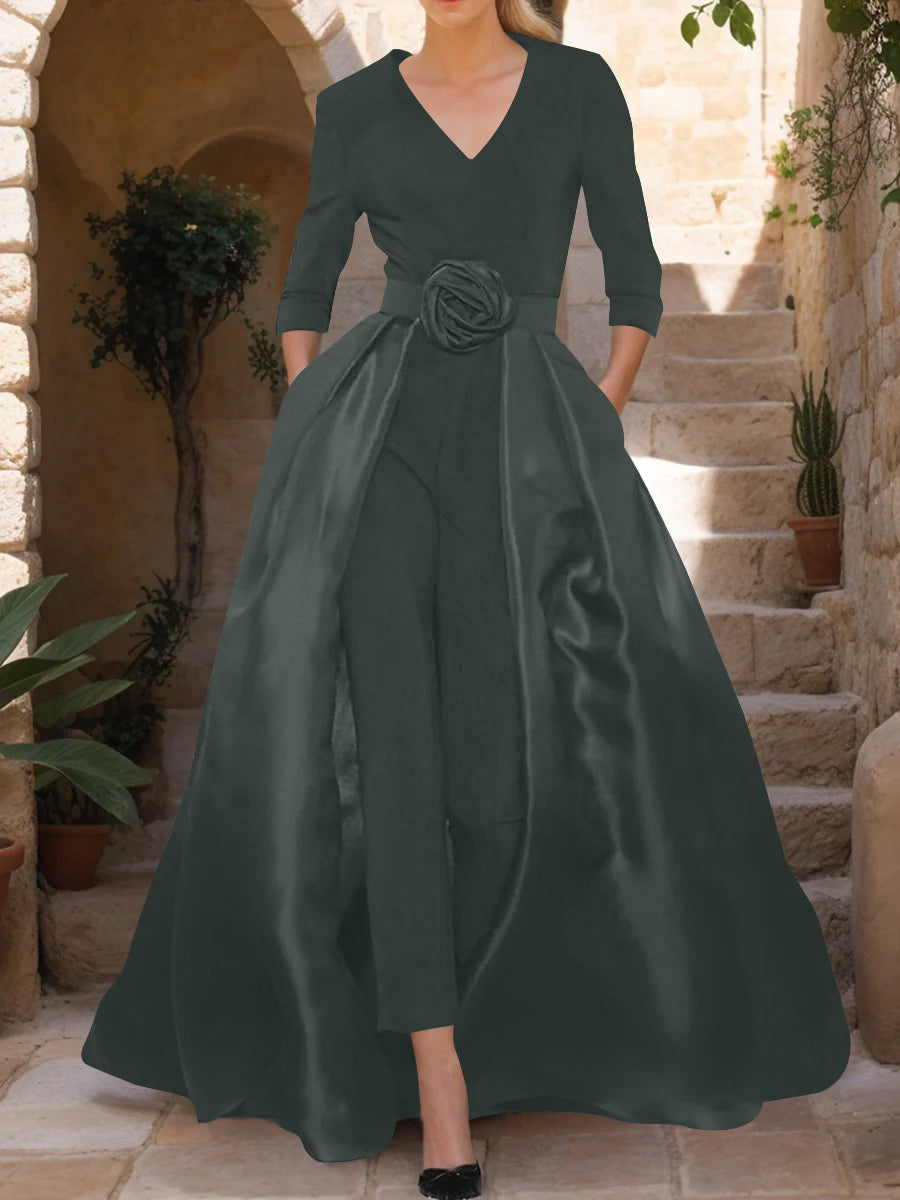Mother of the Bride Pantsuit V Neck with Three Quarter Sleeves and Floral Belt