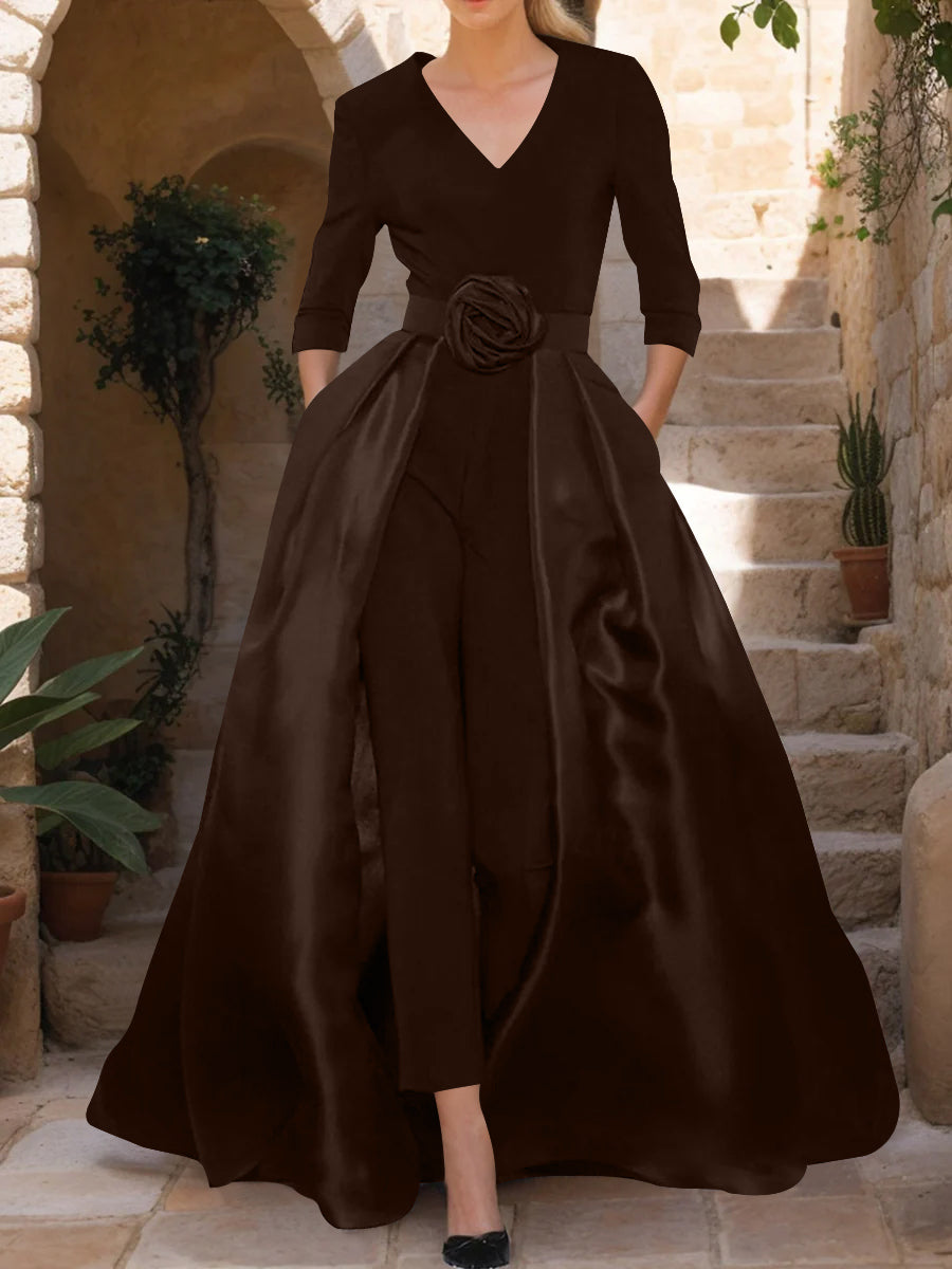 Mother of the Bride Pantsuit V Neck with Three Quarter Sleeves and Floral Belt
