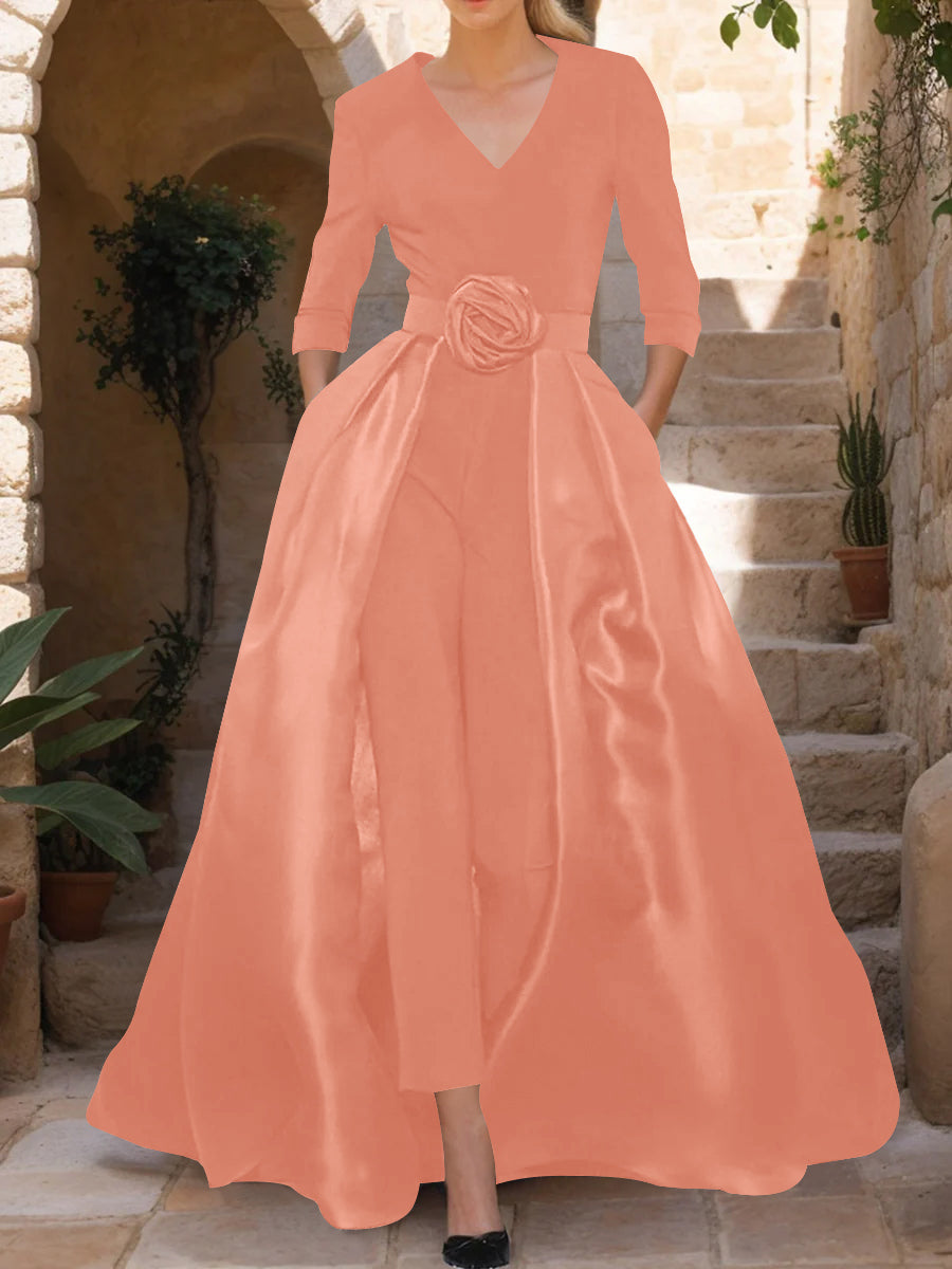 Mother of the Bride Pantsuit V Neck with Three Quarter Sleeves and Floral Belt