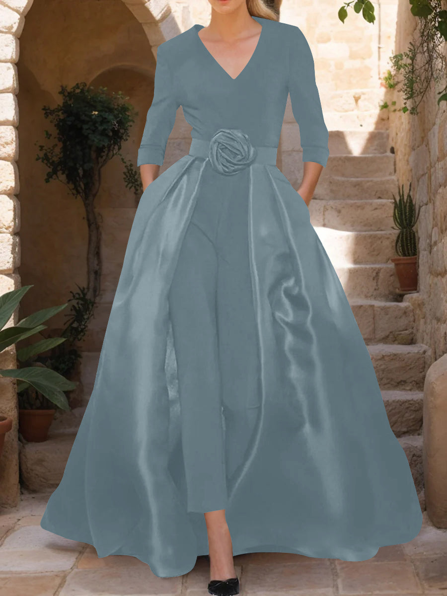 Mother of the Bride Pantsuit V Neck with Three Quarter Sleeves and Floral Belt
