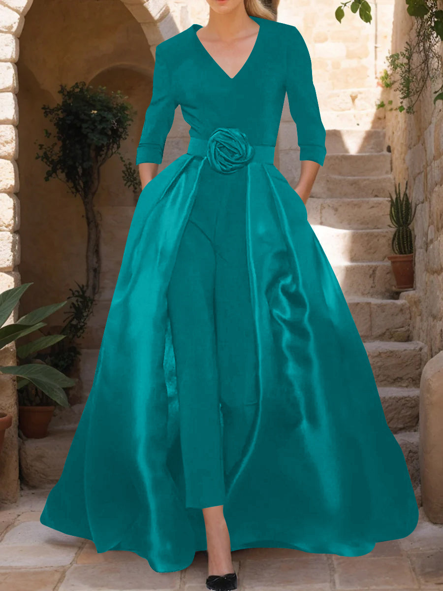 Mother of the Bride Pantsuit V Neck with Three Quarter Sleeves and Floral Belt