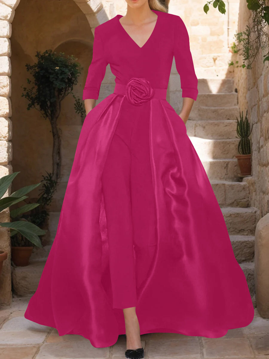 Mother of the Bride Pantsuit V Neck with Three Quarter Sleeves and Floral Belt